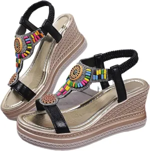Boho Beach Sandals for Women Vintage Fashion Rome Wedges Shoes Open Toe Elastic Ankle Strap Comfortable Summer Shoes