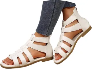 Gladiator Flat Sandals for Women, Women Strappy Sandals Open Toe Back Zipper Summer Casual Dress Flats Beach Sandal
