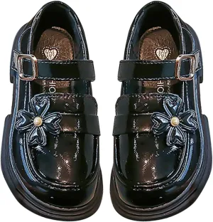 Little Child Girl Flat Loafers Princess Leather Shoes Reflective Shiny Non Slip Shoes with Metal Buckles