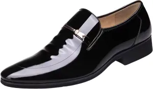 Mens Business Formal Leather Shoes Low Heel Comfortable Patent Leather Shoes for Men Durable Office Work Footwear Slip on Dress Shoe Waterproof Dressy Daiting Shoe with Arch Support Man