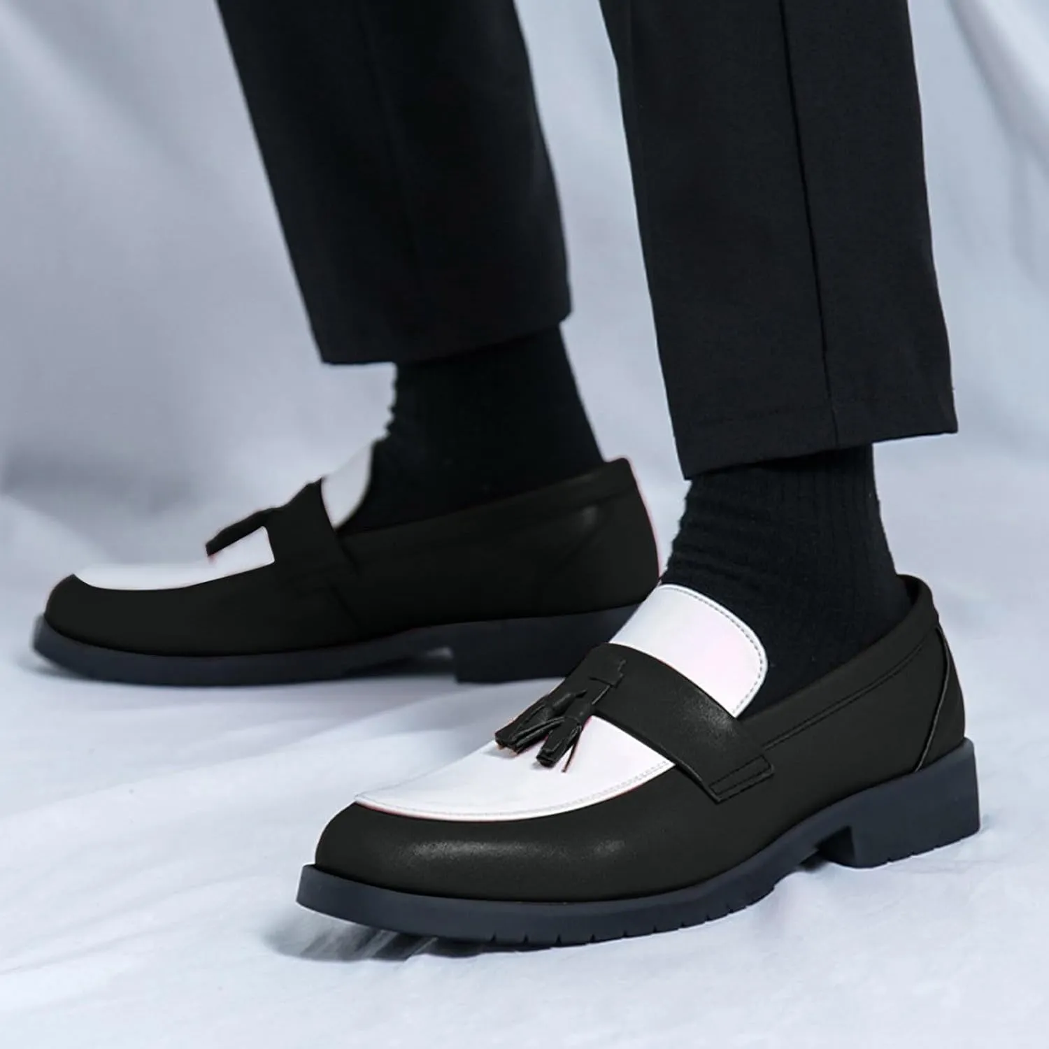 Mens Casual Weding Loafers Arch Support Loafers with Comfort Non Slip Thick Sole Black White Business Leather Shoes for Men Waterproof Dress Shoes Slip on Formal Footwear for Daily Work