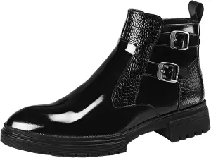 Mens Cool Ankle Boots with Double Buckle Strap Mens Patent Leather Boots Thick Sole Arch Support Dress Shoes for Men Comfortable Durable Motorcycle Shoes Casual Street Shoe Man