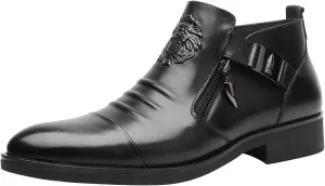 Mens Supple Dress Ankle Boots with Side Zipper Comfortable Low Heel Leather Boots for Men Matte Single Buckle Leather Shoes Mens Casual High Top Shoes Arch Support Business Footwear