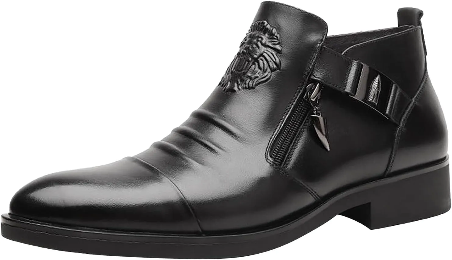 Mens Supple Dress Ankle Boots with Side Zipper Comfortable Low Heel Leather Boots for Men Matte Single Buckle Leather Shoes Mens Casual High Top Shoes Arch Support Business Footwear