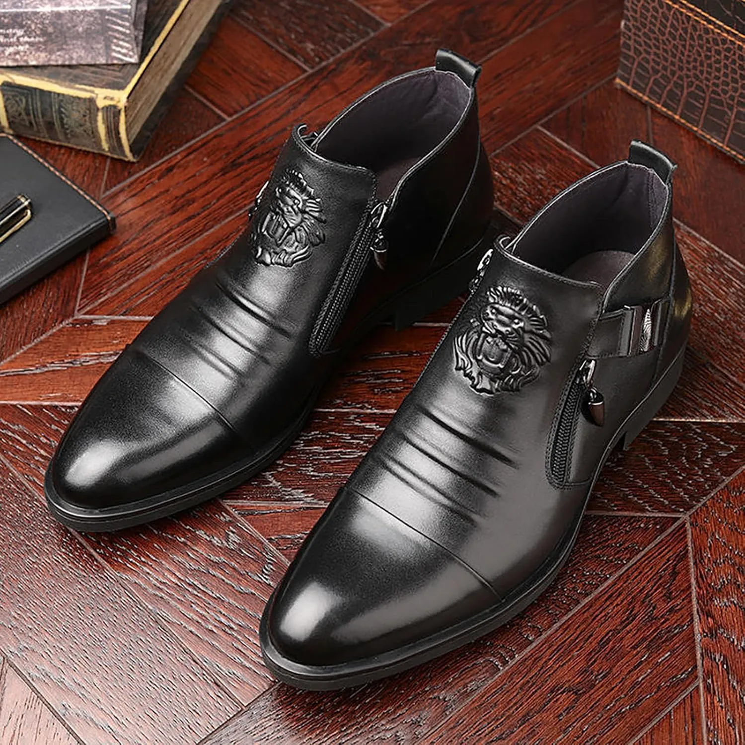 Mens Supple Dress Ankle Boots with Side Zipper Comfortable Low Heel Leather Boots for Men Matte Single Buckle Leather Shoes Mens Casual High Top Shoes Arch Support Business Footwear