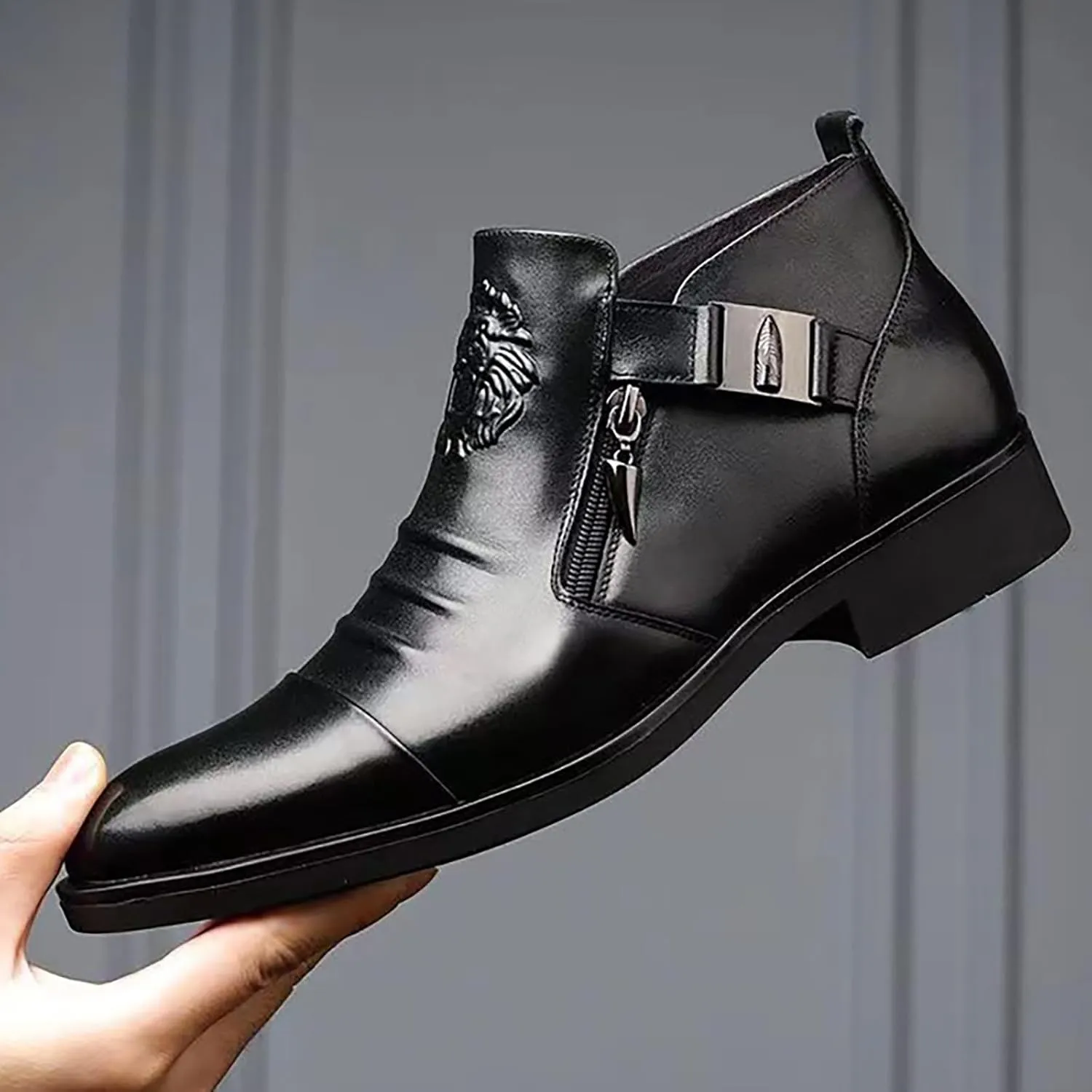 Mens Supple Dress Ankle Boots with Side Zipper Comfortable Low Heel Leather Boots for Men Matte Single Buckle Leather Shoes Mens Casual High Top Shoes Arch Support Business Footwear