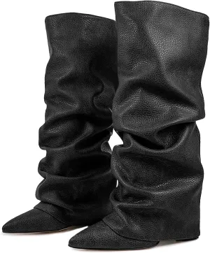 Roimaash Chunky High Heels Fold Over Boots For Women