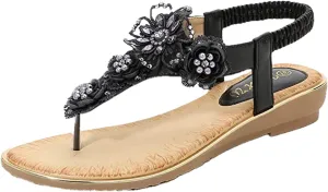 Sandals for Women Dressy,Womens Casual Summer Rhinestone Flip Flops Comfortable Beach Shoes Ankle T-Strap Flat Sandals