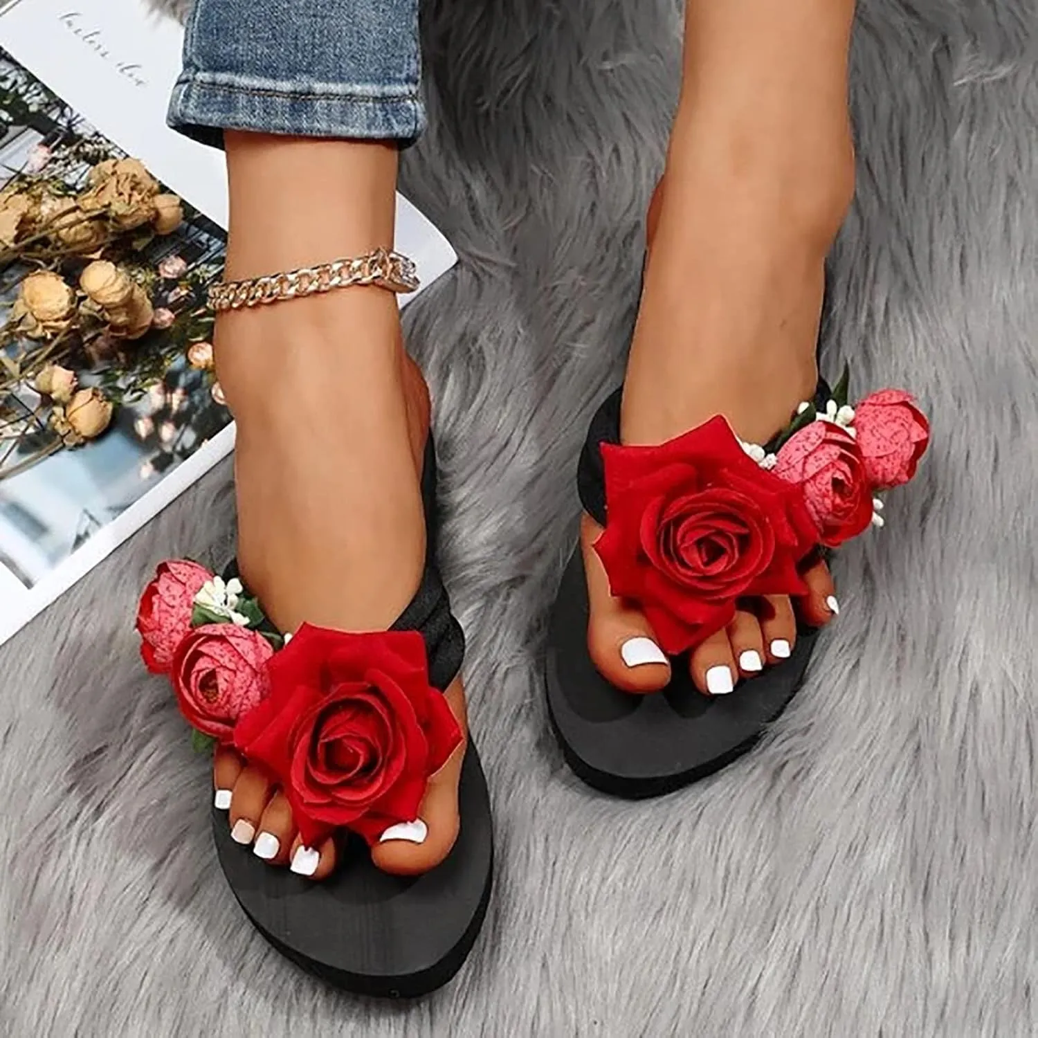 Slippers For Women Ladies Summer Flip Flops Open Toe Flowers Bohemian Sandals Casual Double Strap Sandals Women Size 12