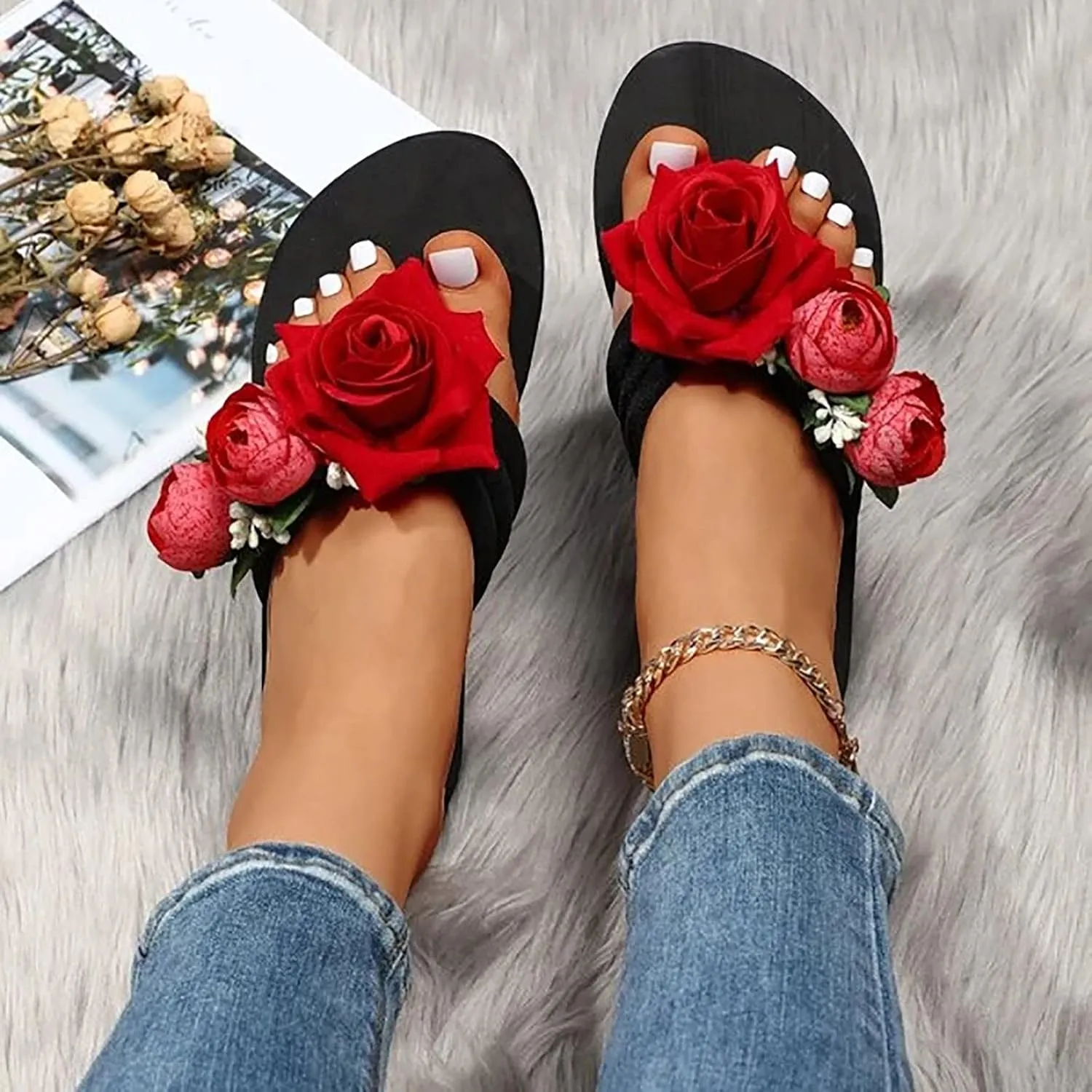 Slippers For Women Ladies Summer Flip Flops Open Toe Flowers Bohemian Sandals Casual Double Strap Sandals Women Size 12