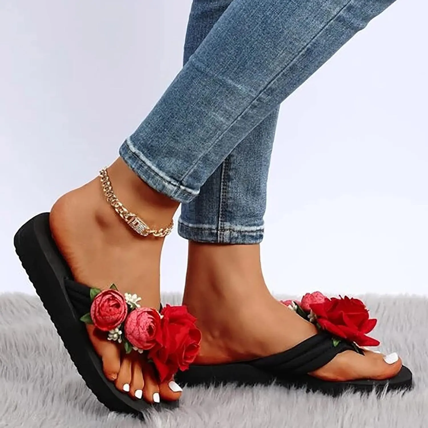 Slippers For Women Ladies Summer Flip Flops Open Toe Flowers Bohemian Sandals Casual Double Strap Sandals Women Size 12