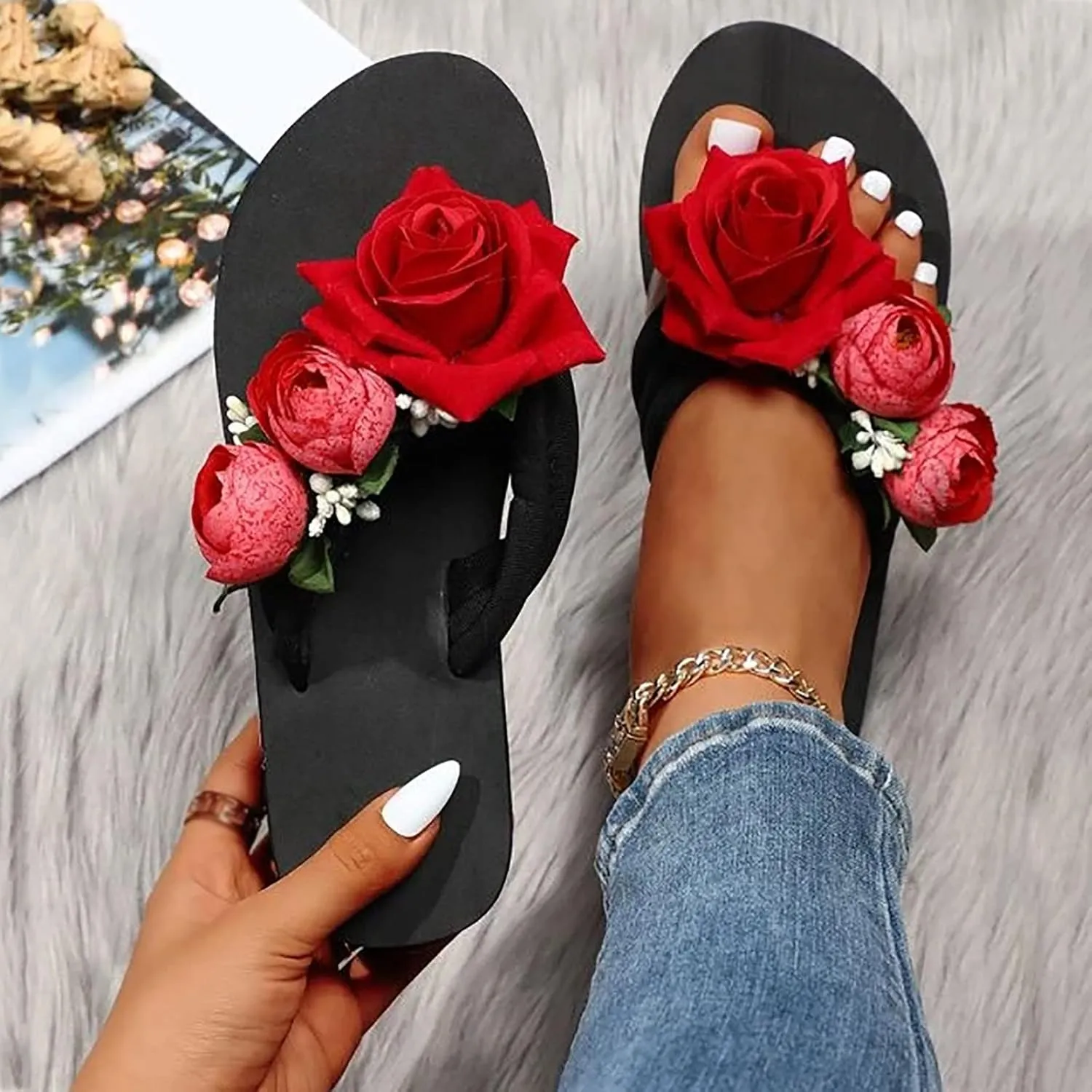 Slippers For Women Ladies Summer Flip Flops Open Toe Flowers Bohemian Sandals Casual Double Strap Sandals Women Size 12