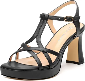 Strappy Heels for Women Square Open Toe Chunky High Heels Ankle Strap Heeled Sandals Comfort Dress Party Womens Sandals 3.3"