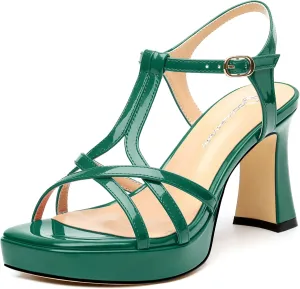 Strappy Heels for Women Square Open Toe Chunky High Heels Ankle Strap Heeled Sandals Comfort Dress Party Womens Sandals 3.3"