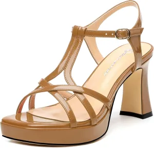 Strappy Heels for Women Square Open Toe Chunky High Heels Ankle Strap Heeled Sandals Comfort Dress Party Womens Sandals 3.3"