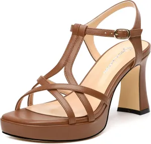 Strappy Heels for Women Square Open Toe Chunky High Heels Ankle Strap Heeled Sandals Comfort Dress Party Womens Sandals 3.3"
