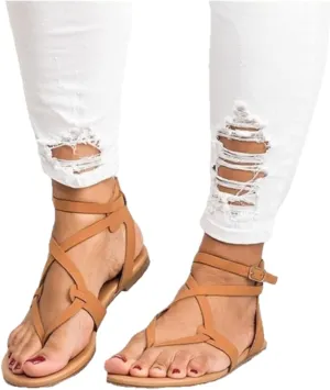 Strappy Sandals For Women,Women's Ankle Strap Clip Toe Flat Sandals Dressy Summer Gladiator Beach Sandals Flip Flops