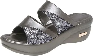Two Strap Peep toe Sandals for Women Dressy Summer Wedge Slip On Slide Platform Sandals Women Wedge Silver