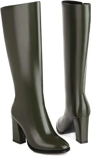 UniqueStride Womens Chunky High Heel Knee High Boots Round Toe Zipper Block Heel Boots