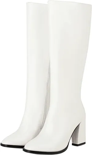 UniqueStride Womens Chunky High Heel Knee High Boots Round Toe Zipper Block Heel Boots