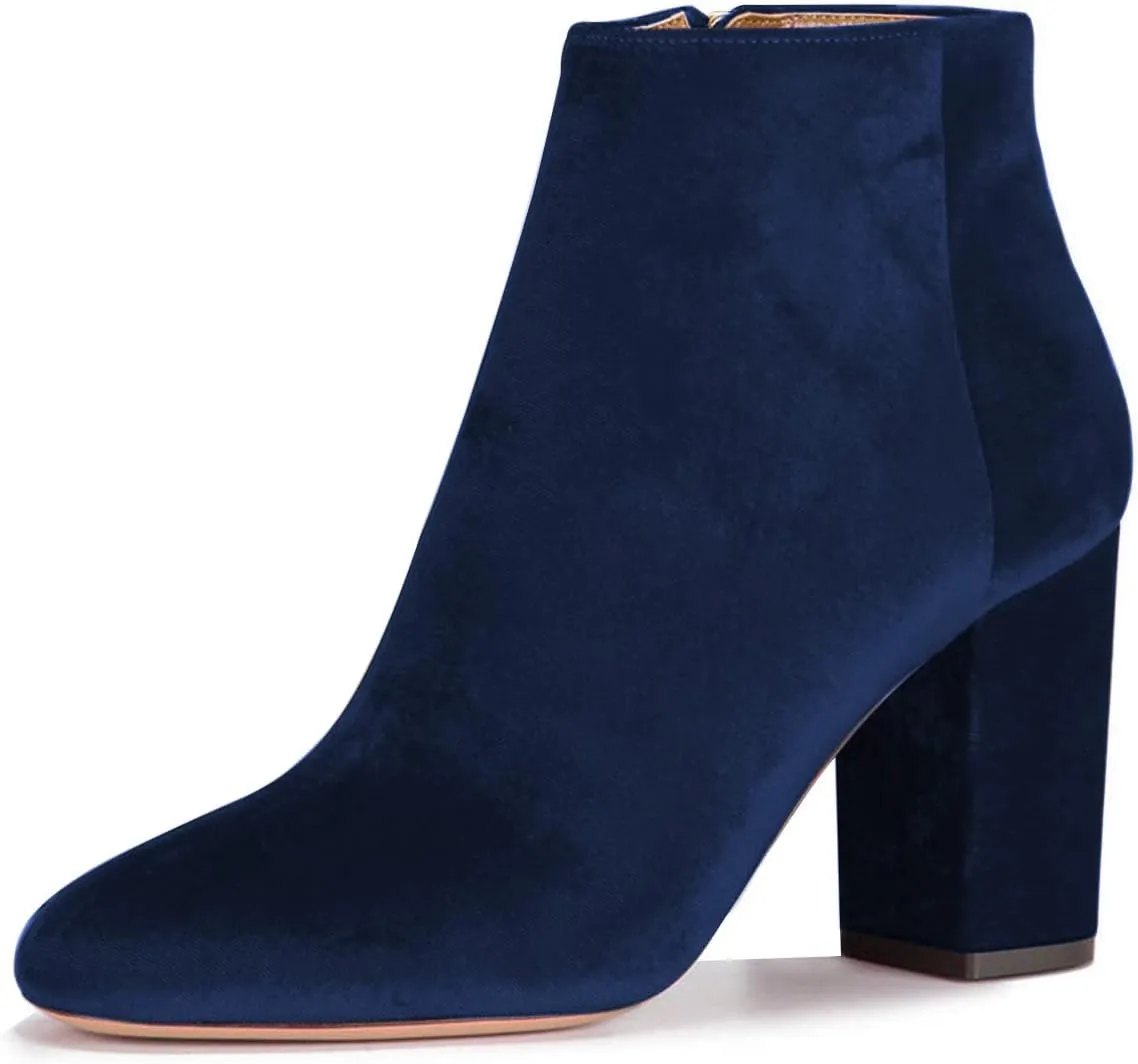 Women Elegant Velvet Round Toe Ankle Boots Chunky High Heels Office Lady Booties Size 4-15 US