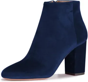 Women Elegant Velvet Round Toe Ankle Boots Chunky High Heels Office Lady Booties Size 4-15 US