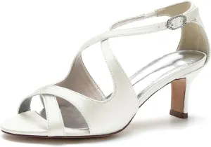 Women Peep Toe Heel Wedding Cross Strap Bridal Shoes Satin Sandals Ankle Strap Party Prom Pumps Mid Heel