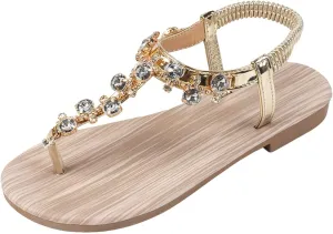 Women Rhinestone Sandals T-Strap Buckle Bohemian Pearl Crystal Flat Sandals Comfortable Beach Sandals Flip Flops