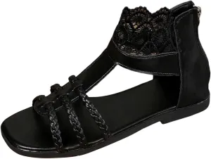 Womens Black Leather Lace Flower Gladiator Sandals, Summer Dressy Flat Sandals Open Toe Back Zipper Fashion Sandal