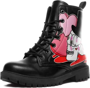 Women's Combat Ankle Boots, Heart Print Fashion Short Booties Rose and Skull Durable Lace-Up Work Boots, Gift For Her Lover