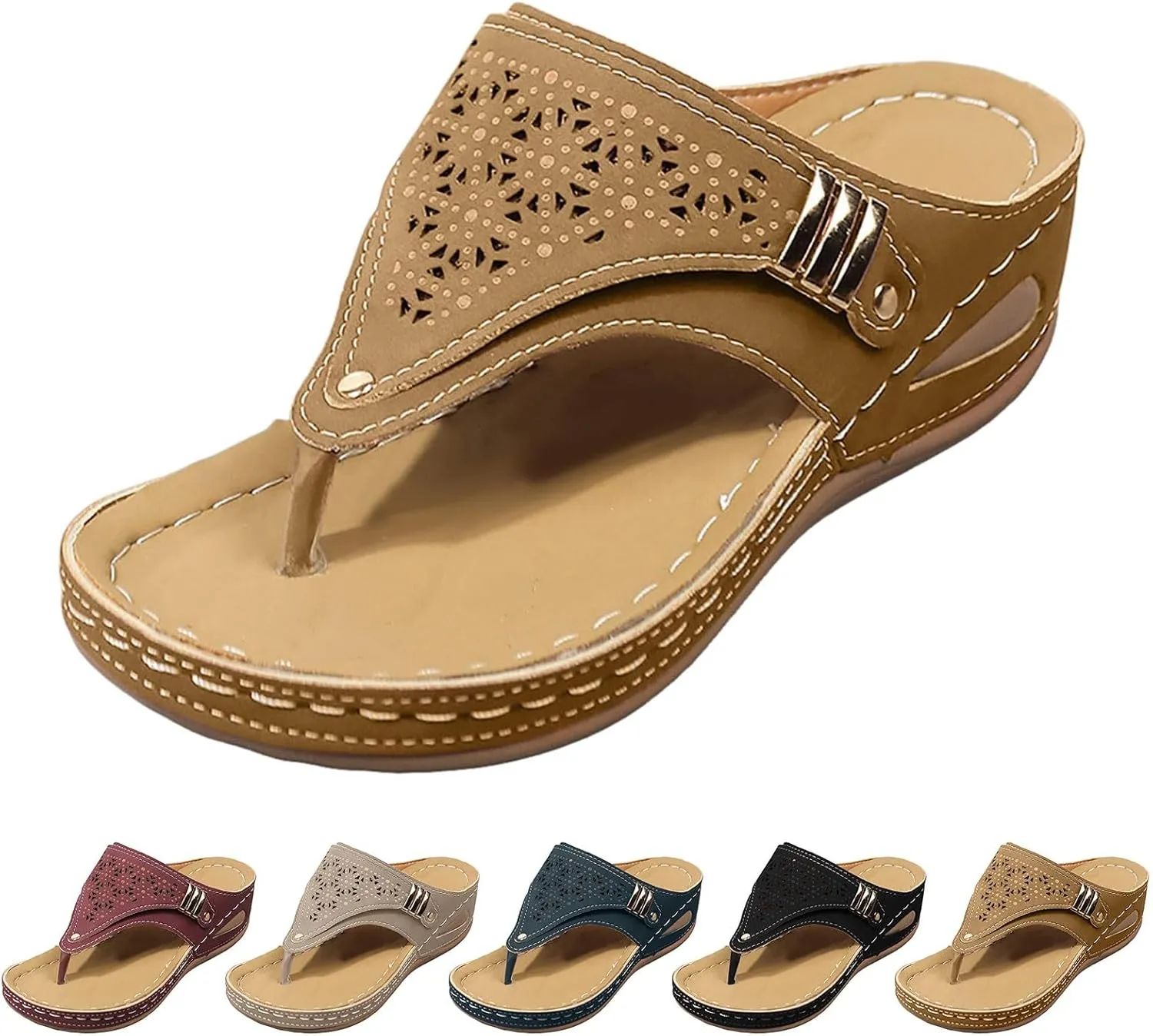 Women's Orthopedic Wedge Sandals - Blue Flip Flops - Wide Width - Dressy Casual Platform Thong Ankle Strap Sandals for Women