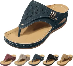 Women's Orthopedic Wedge Sandals - Blue Flip Flops - Wide Width - Dressy Casual Platform Thong Ankle Strap Sandals for Women