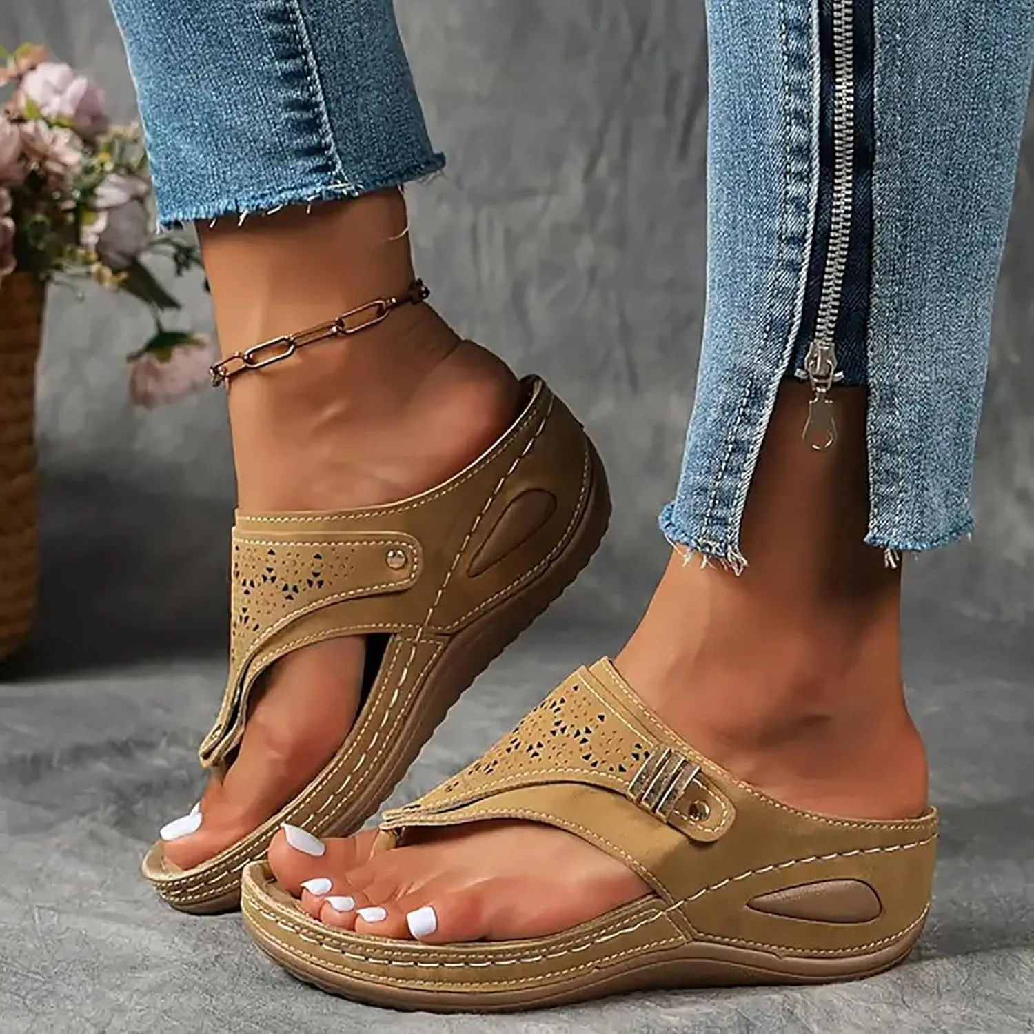 Women's Orthopedic Wedge Sandals - Blue Flip Flops - Wide Width - Dressy Casual Platform Thong Ankle Strap Sandals for Women