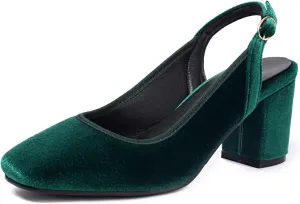 Women's Slingback Mary Jane Shoes Closed Square Toe Vintage Pumps Chunky Heels Black Green Velvet Party Wedding Dress Dance Pumps